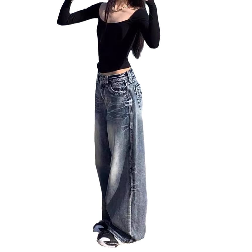 Jerolenea - Mid Waist Washed Wide Leg Jeans