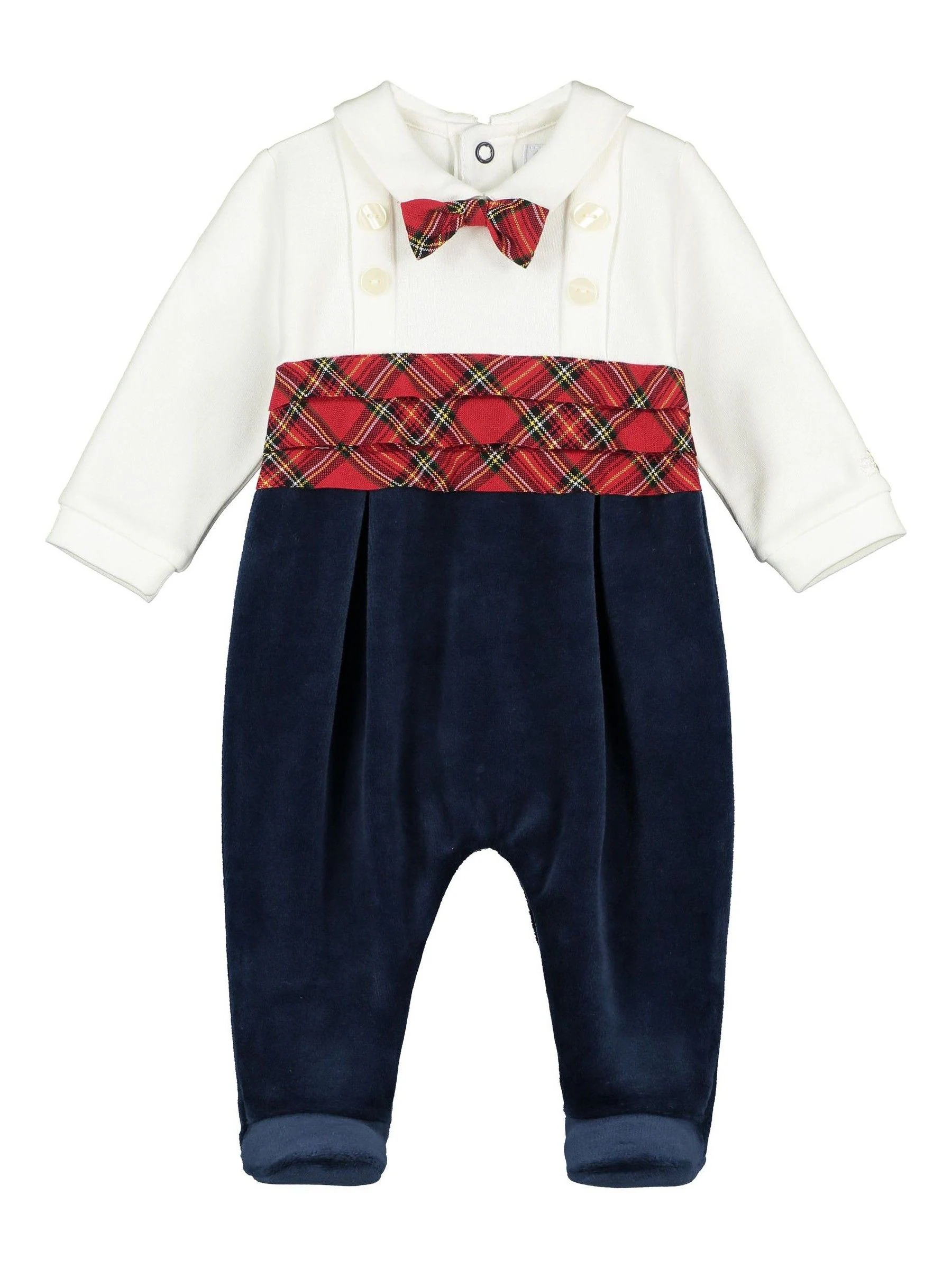 Emile Et Rose - Marineblauw-rode velours onesie met vlinderstrik en schotse ruit