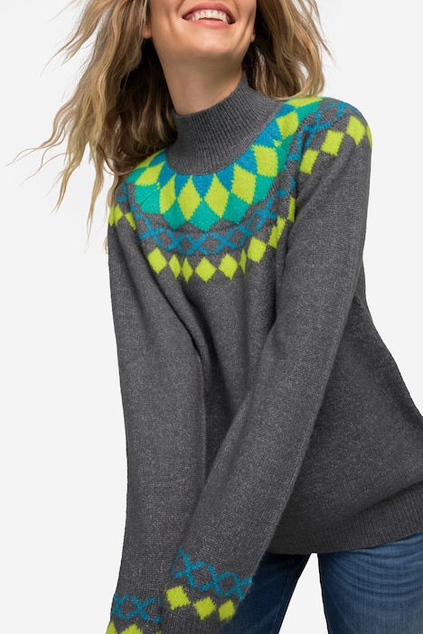 Norweger-Pullover, farbige Muster, Stehkragen, Raglan-Langarm
