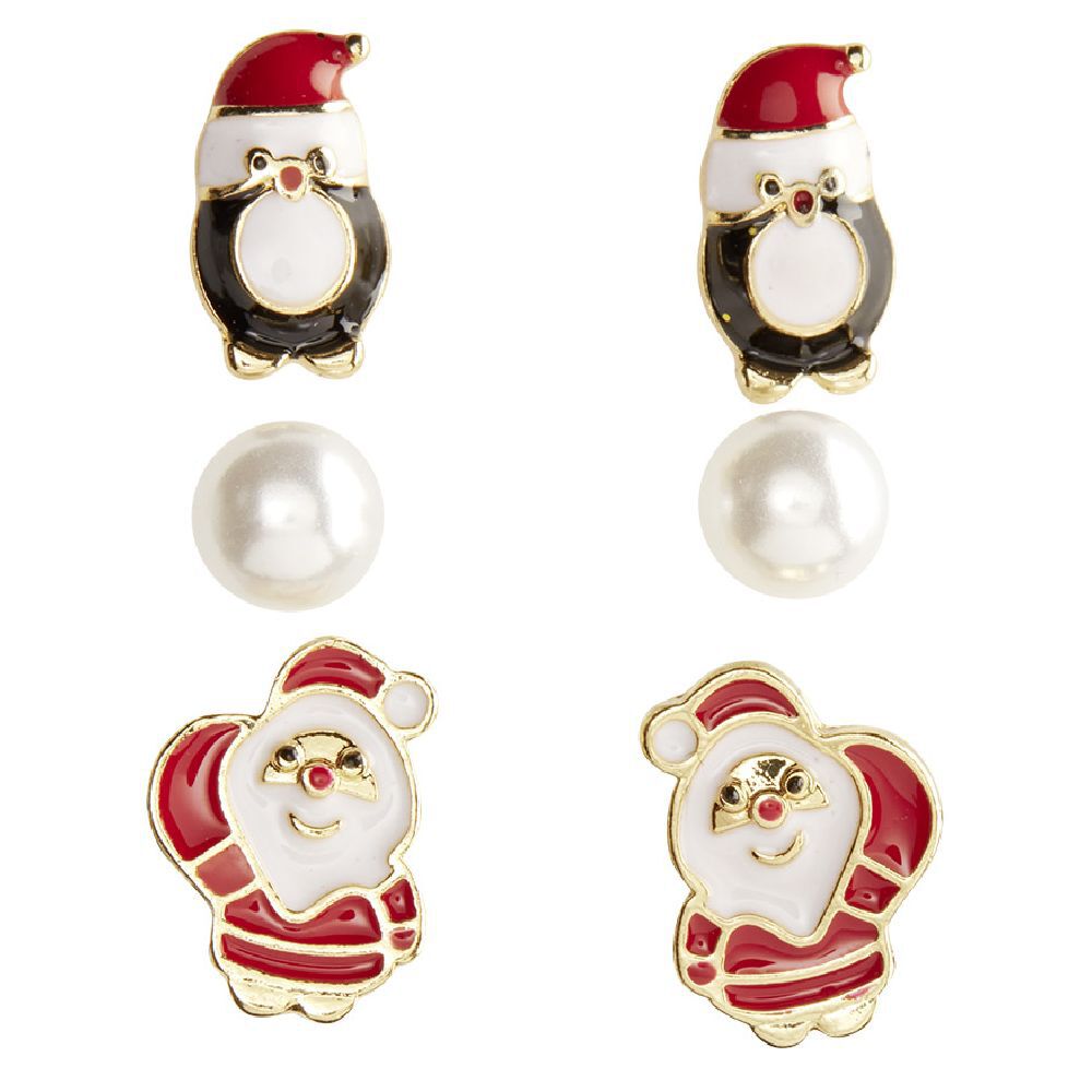 Boucle d'oreille Noël x3 perle - pingouin - Père Noël