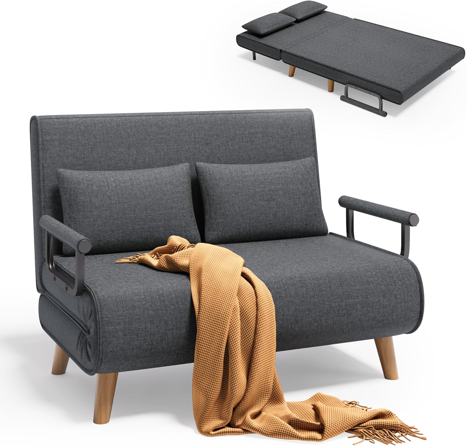 Xbro Schlafsofa 2-Sitzer mit Bettfunktion, Schlafsessel mit Bettfunktion mit Verstellbarer Rückenlehne und 2 Kissen, Sessel mit schlaffunktio für kleine Wohnung (Dunkelgrau)