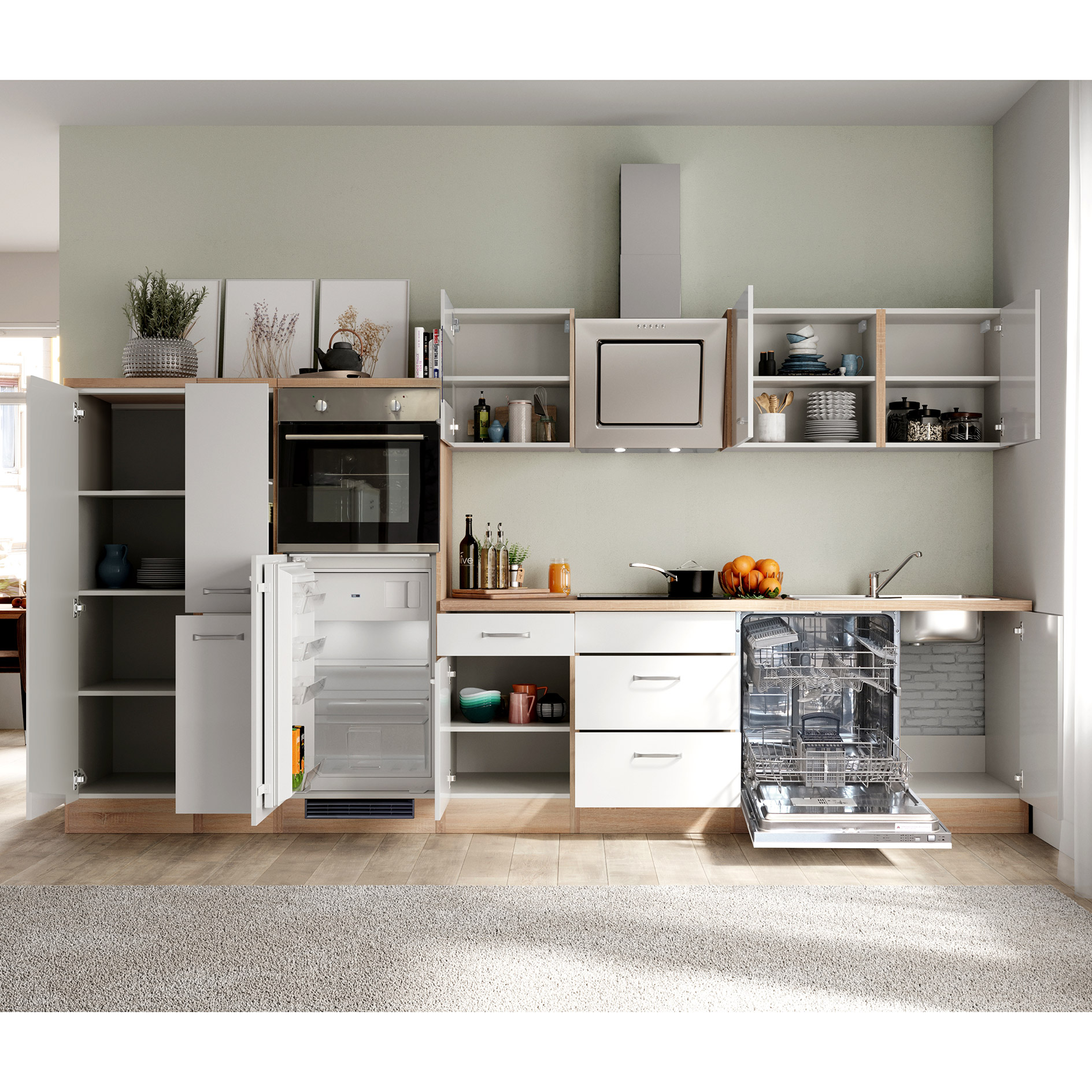Küchenblock VALERO - weiß Hochglanz - Sonoma Eiche - mit E-Geräten - 360 cm