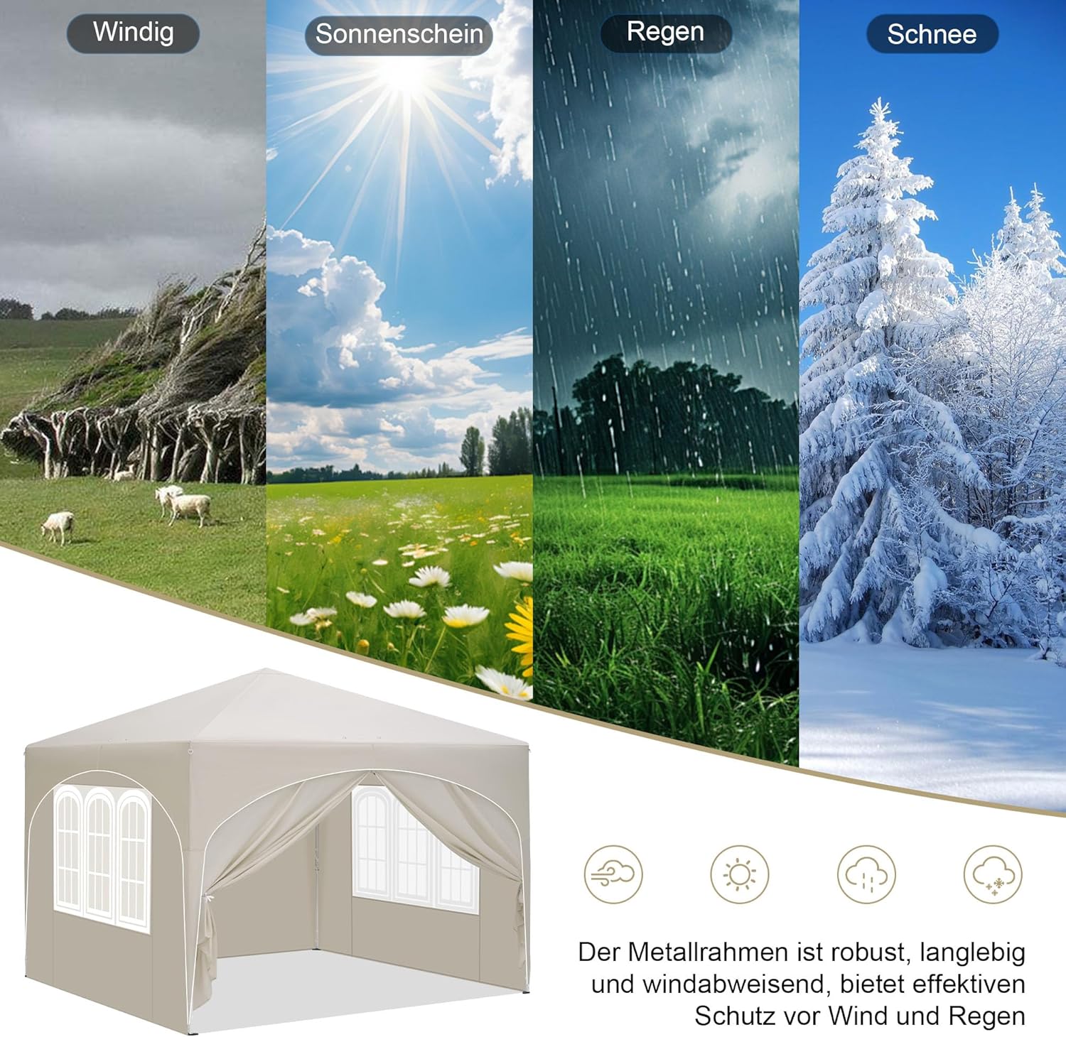 Laneetal Pop-Up Faltpavillon wasserfest Winterfest, Pavillon 3x3 m faltbar, Grillpavillon stabil, Gartenpavillon mit Seitenwänden Fenstern Tasche, für Camping Strand Garten, Beige