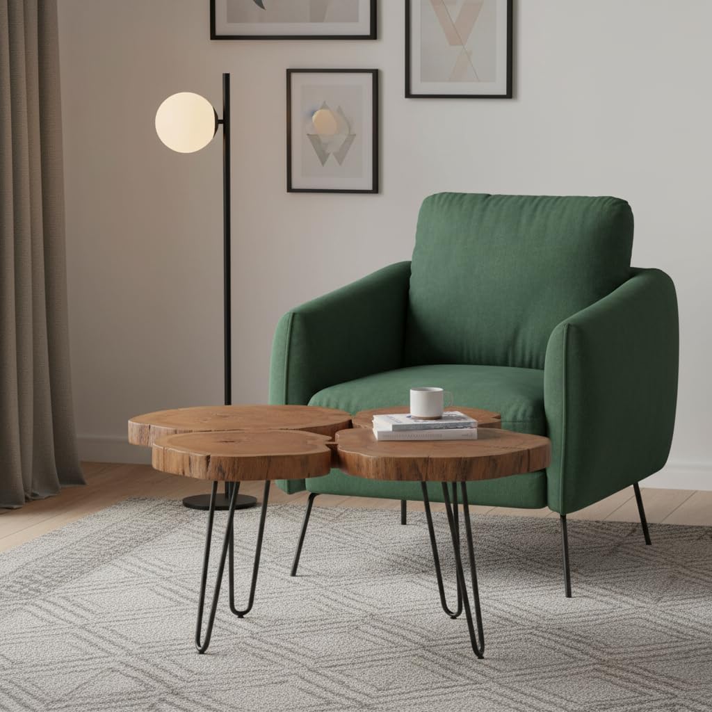 Stella Trading COLE MINI Couchtisch Baumscheibe Akazie Massivholz mit schwarzem Metallgestell - natürlicher Sofatisch für Ihren Wohnbereich - 78 x 56 x 72 cm (B/H/T)