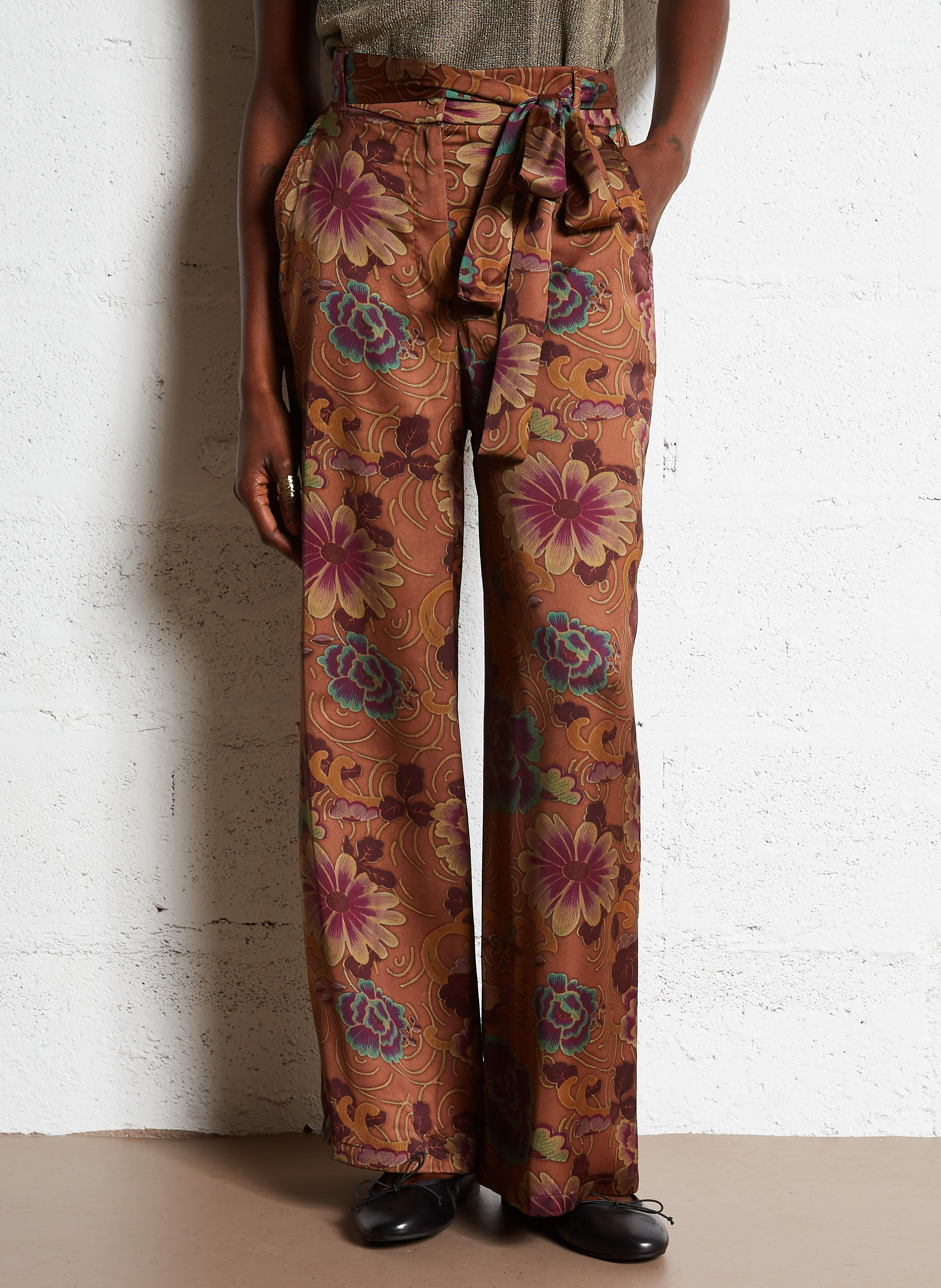 PASHIBA - Pantalon droit taille haute imprimé | Marron