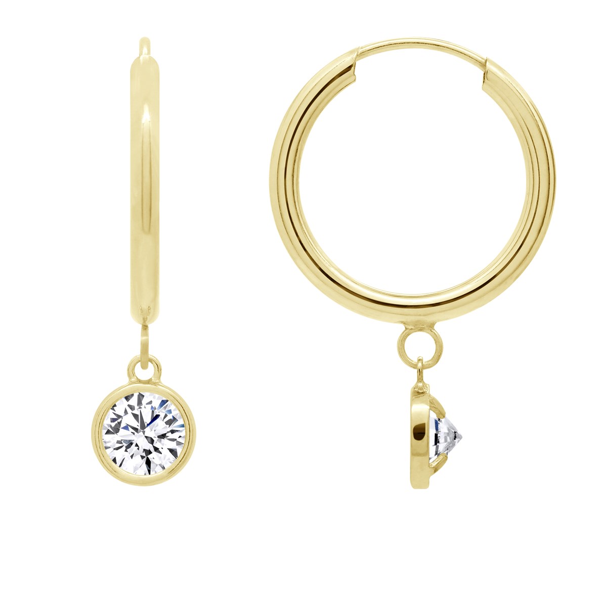 Boucles d'Oreilles Pendantes - Oxydes de Zirconium Blancs Rondes en Breloque - Or Jaune