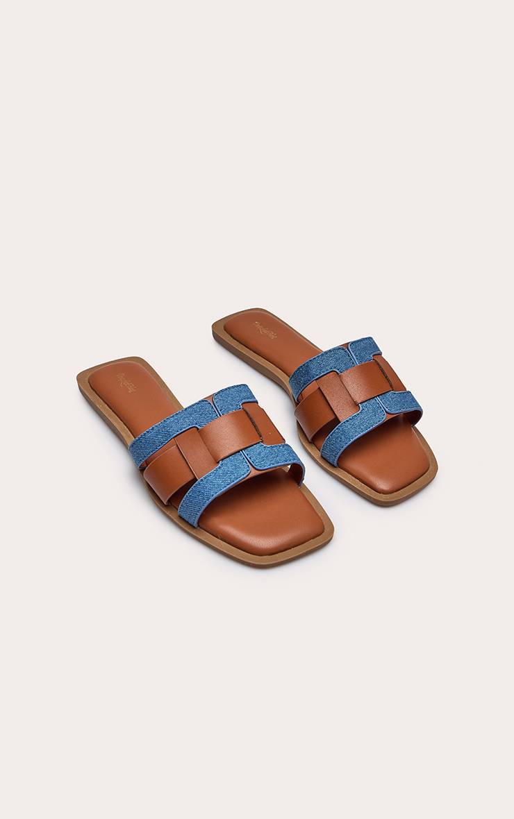 Marron Sandales Mules Plates À Lanières Multiples En Synthétiquecuir Et Denim