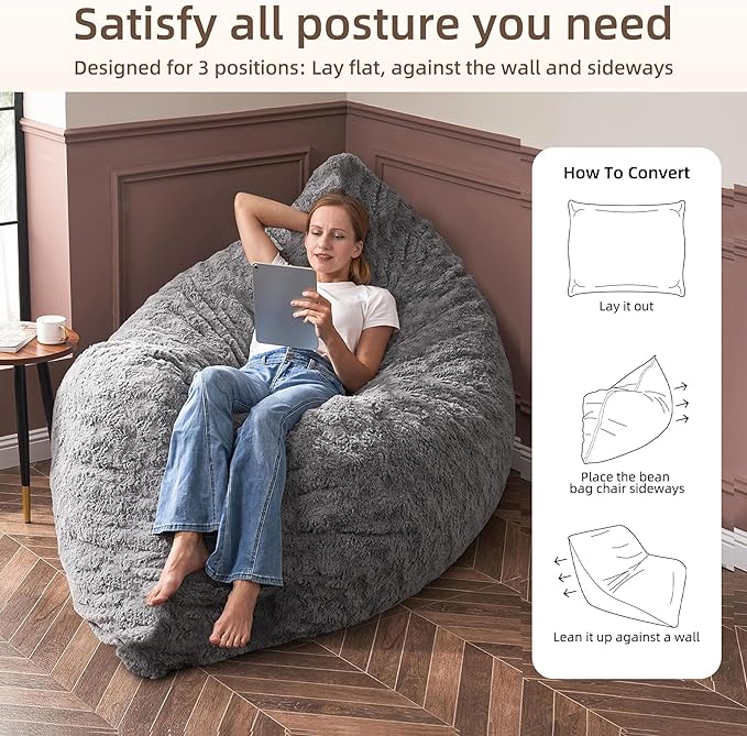 HABUTWAY 3 in 1 Bean Bag Chair, Memory Foam Bean Bag Chair, Convertible Bean Bag Chair with Machine Washable Cover, Giant Bean Bag Chairs for Adult