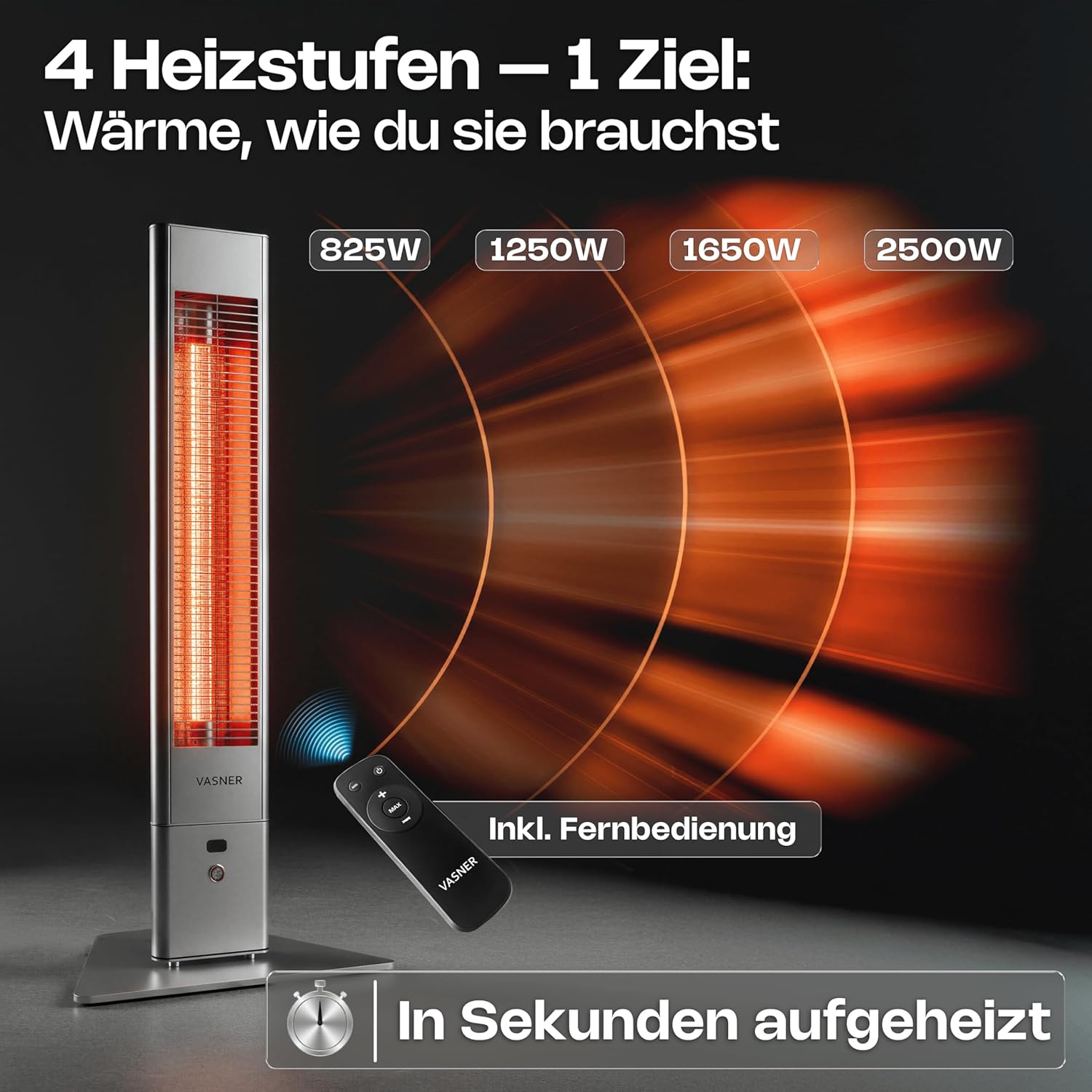 VASNER HeatTower Wärmestrahler (+ Aircape) - Infrarot Standheizstrahler 2500 Watt - Heizstrahler Terrasse elektrisch 4 Stufen - Elektro Heizstrahler Outdoor - Terrassenstrahler Infrarot Fernbedienung