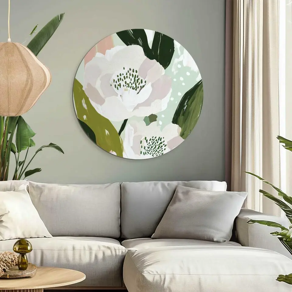 Glasschilderij Bloemen - Ø 70cm - Wit