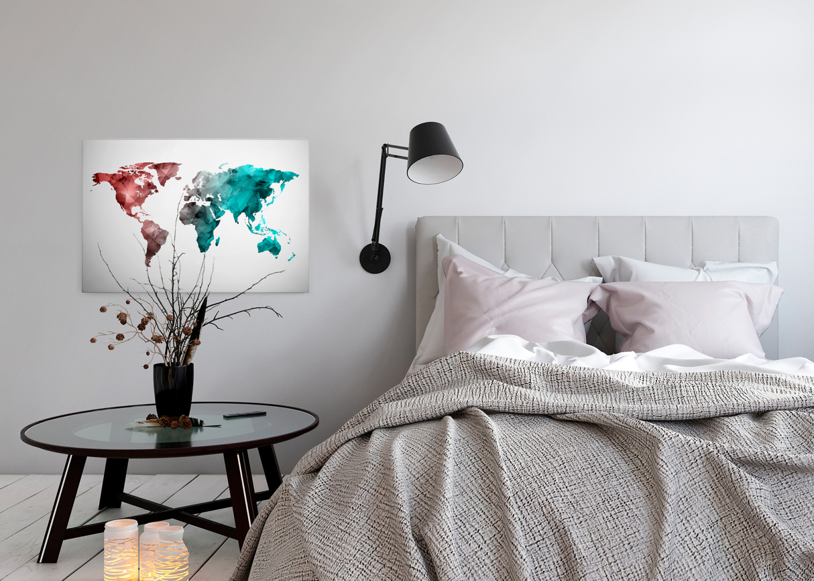 Leinwandbild WELTKARTE - blau-rot - 90x60 cm