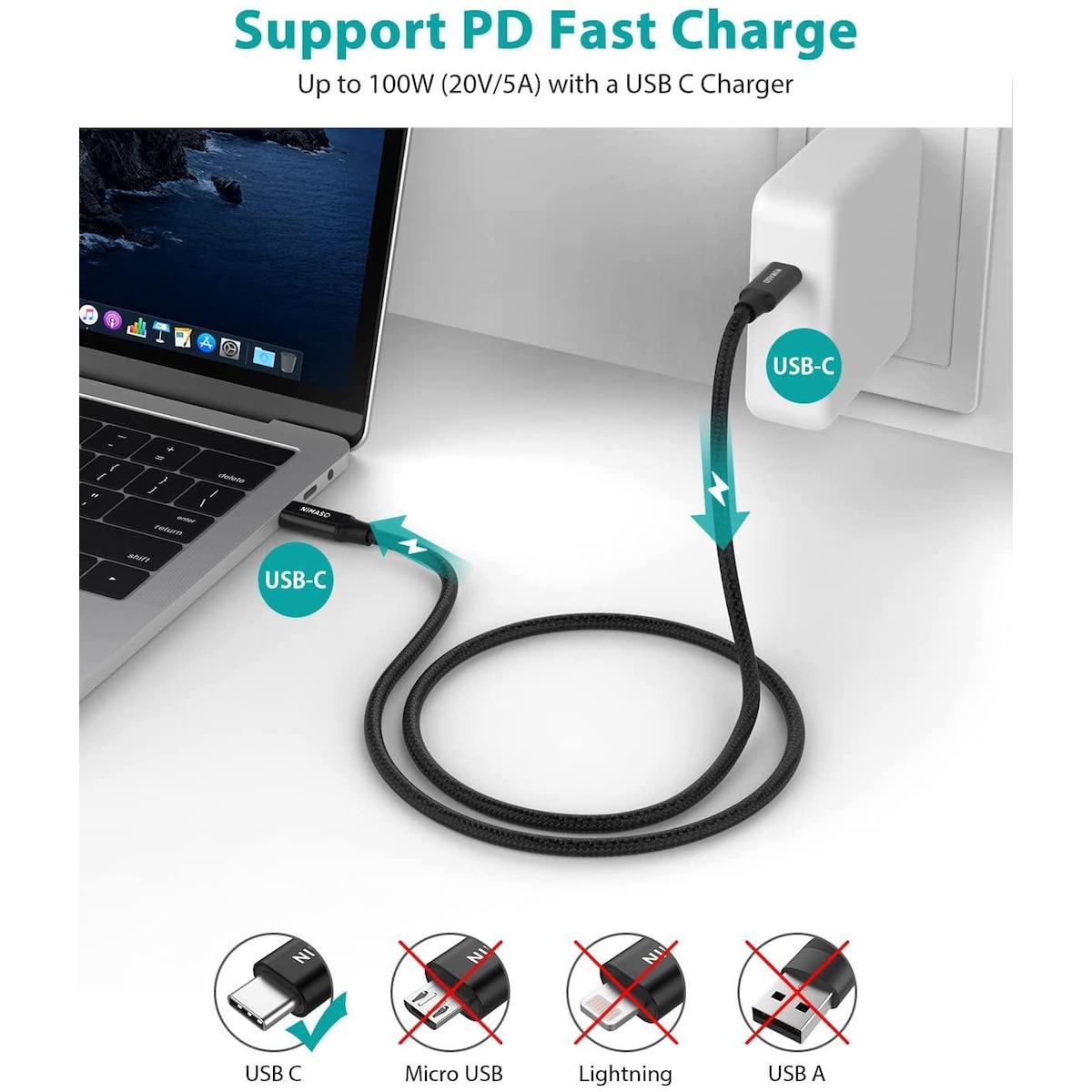 USB IF-sertifisert 1m USB3.2 Gen2 SuperSpeed ​​​​USB 10Gbps USB-C til C-kabel med strømforsyning 100W, 4K60Hz video og Emarker