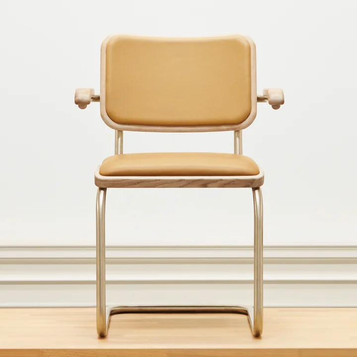Thonet - JS. THONET a personal Interpretation by Jil Sander S 64 V Serious Armlehnstuhl, Glossy Titan / Buche high-gloss graphite blue / Leder graphite blue