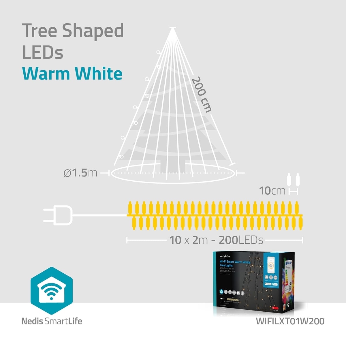 Nedis SmartLife Julelys | Tre | Wi-Fi | Varm Hvit | 200 LED s | 20.0 m | 10 x 2 m | Android™ / IOS