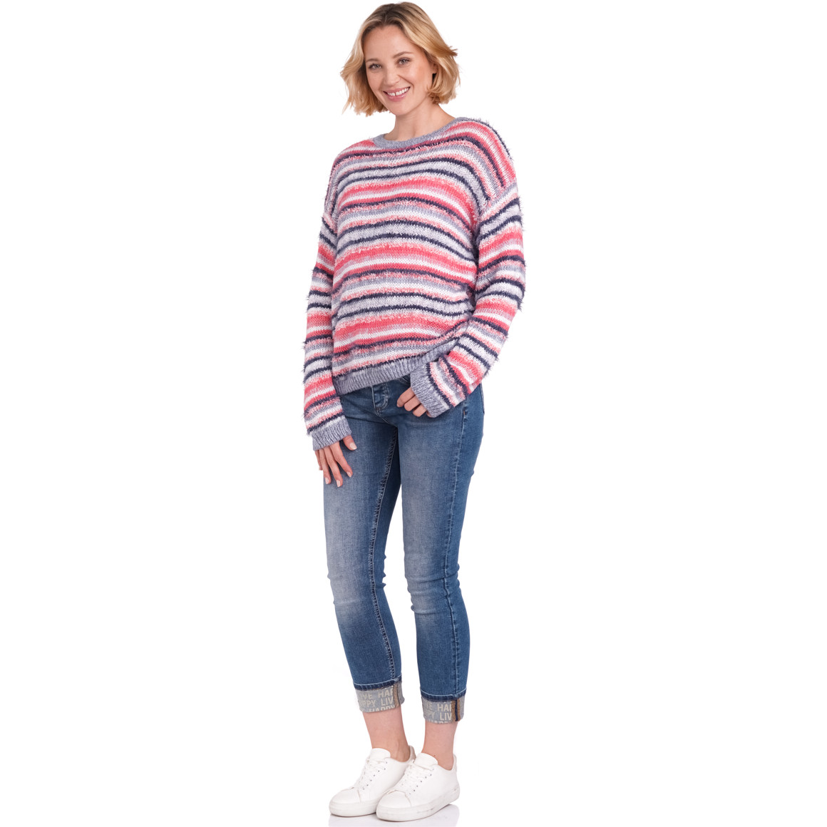 Gina Benotti Damen Strickpullover mit Effektgarn pink / hellgrau / dunkelblau