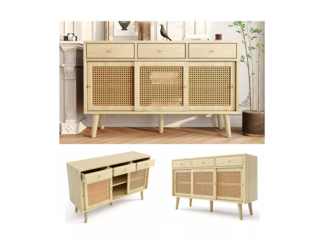 Buffet en chêne avec tiroirs et porte coulissante en rotin, coloris chêne,d120cm×h78cm