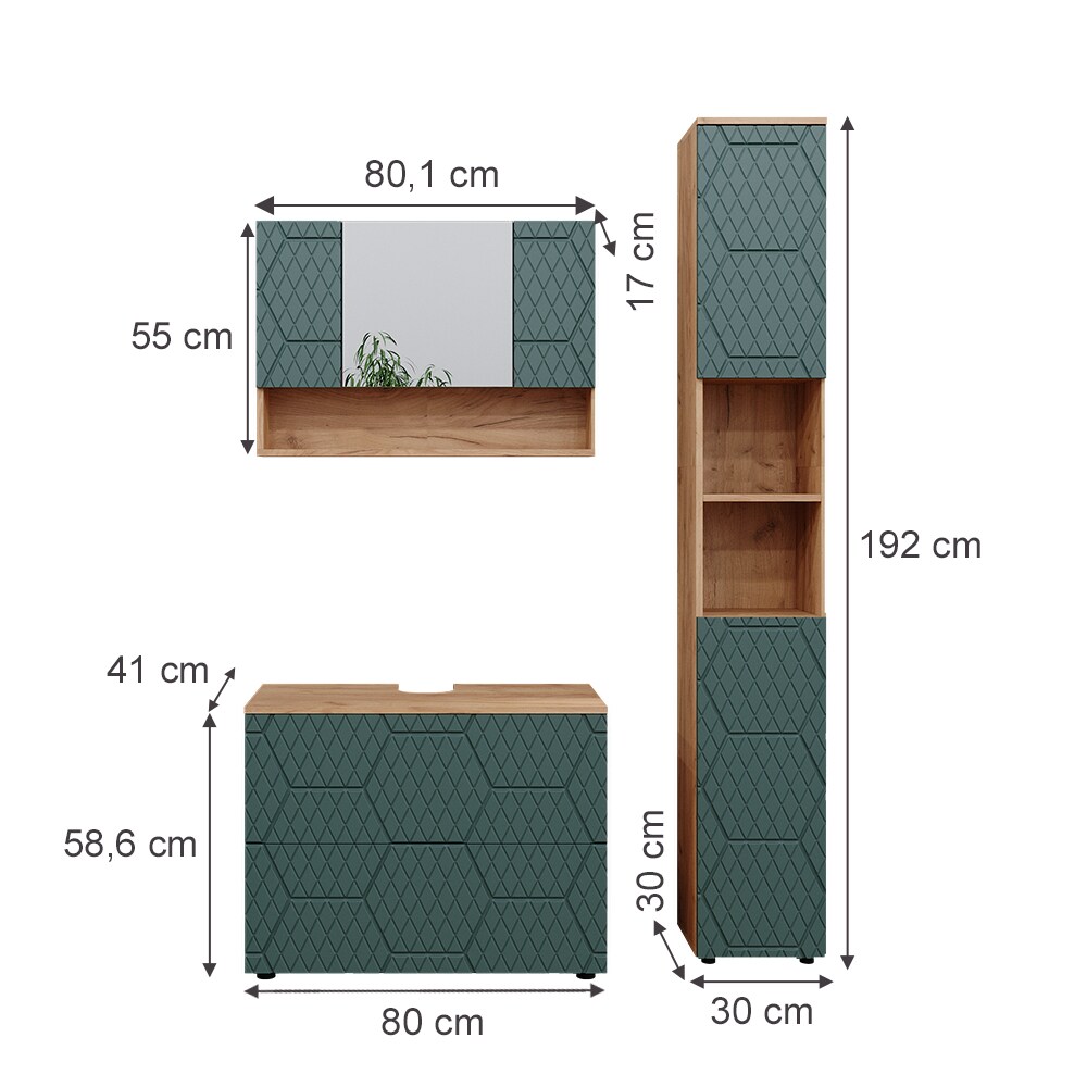 Vicco Badmöbel-Set Irma Eiche Grün 3-teilig Hochschrank Waschbeckenschrank 80 cm