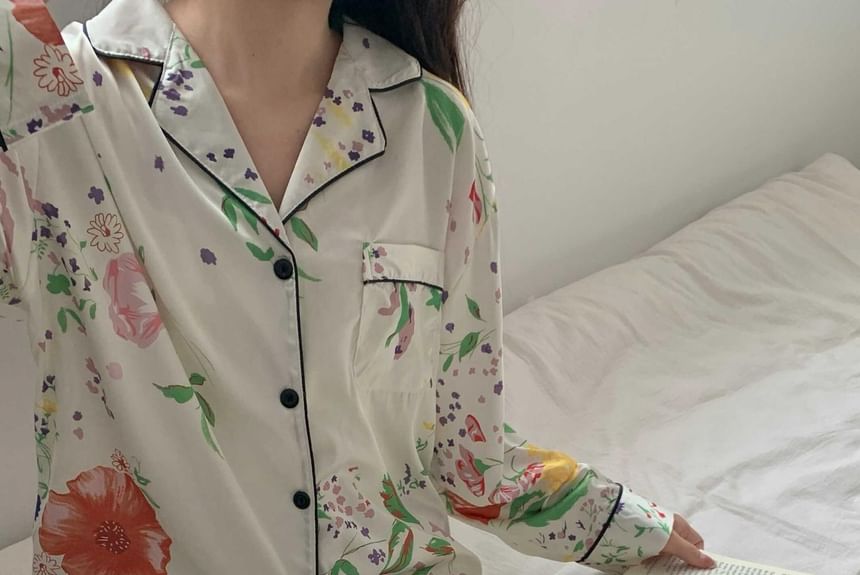 GOUB - Pyjamaset: overhemd met lange mouwen en bloemenprint + broek