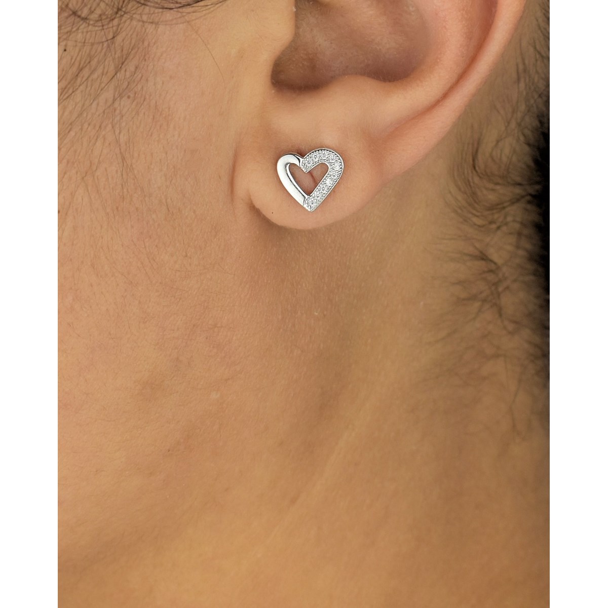 Boucles d'oreilles coeur serti d'oxydes de zirconium sur un côté Argent 925 Rhodié