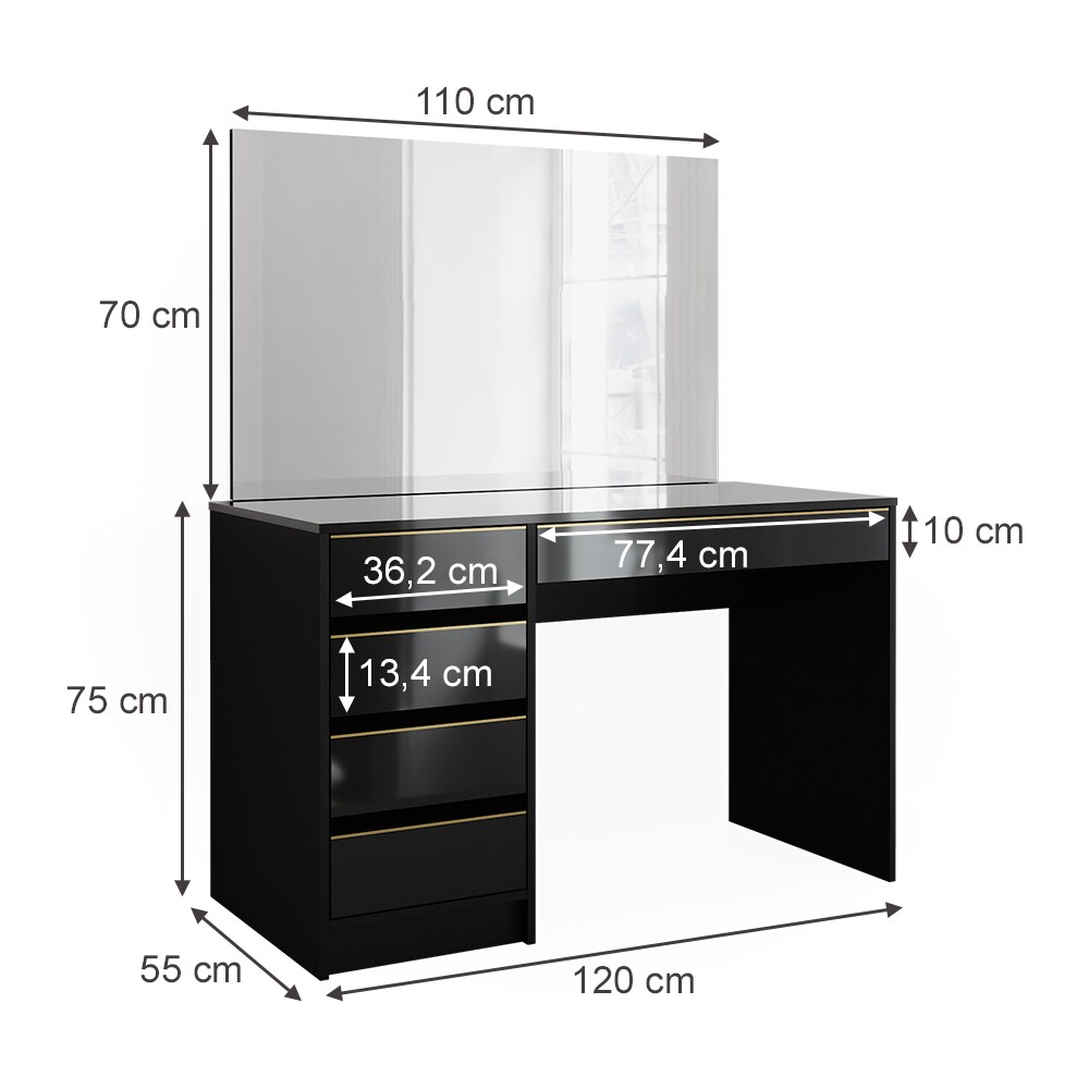 Vicco Schminktisch Sherry Schwarz Hochglanz Gold 120 x 75 cm 5 Schubladen Spiegel