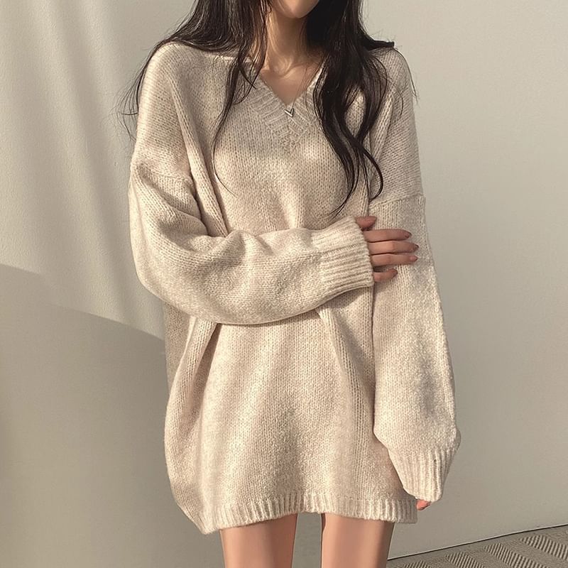 Coris - V-hals Melange Mini Trui Jurk