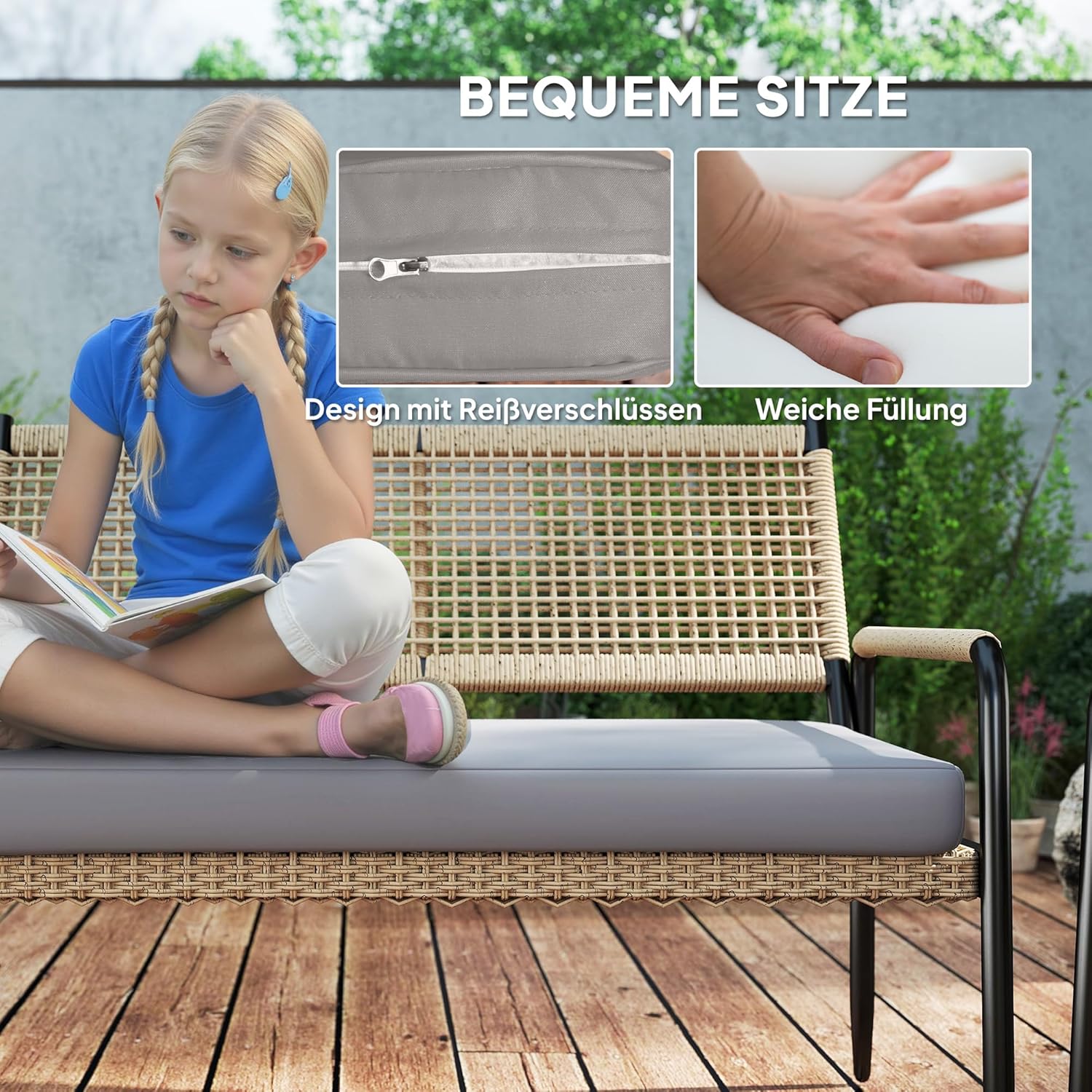 Outsunny Gartenmöbel Set aus Polyrattan Lounge-Set mit 2er Sofa Sessel Glastisch Kissen wetterfest Sitzgruppe für 4 Personen Outdoor Balkonmöbel Set Terrassenmöbel für Garten Balkon Dunkelgrau+Gelb