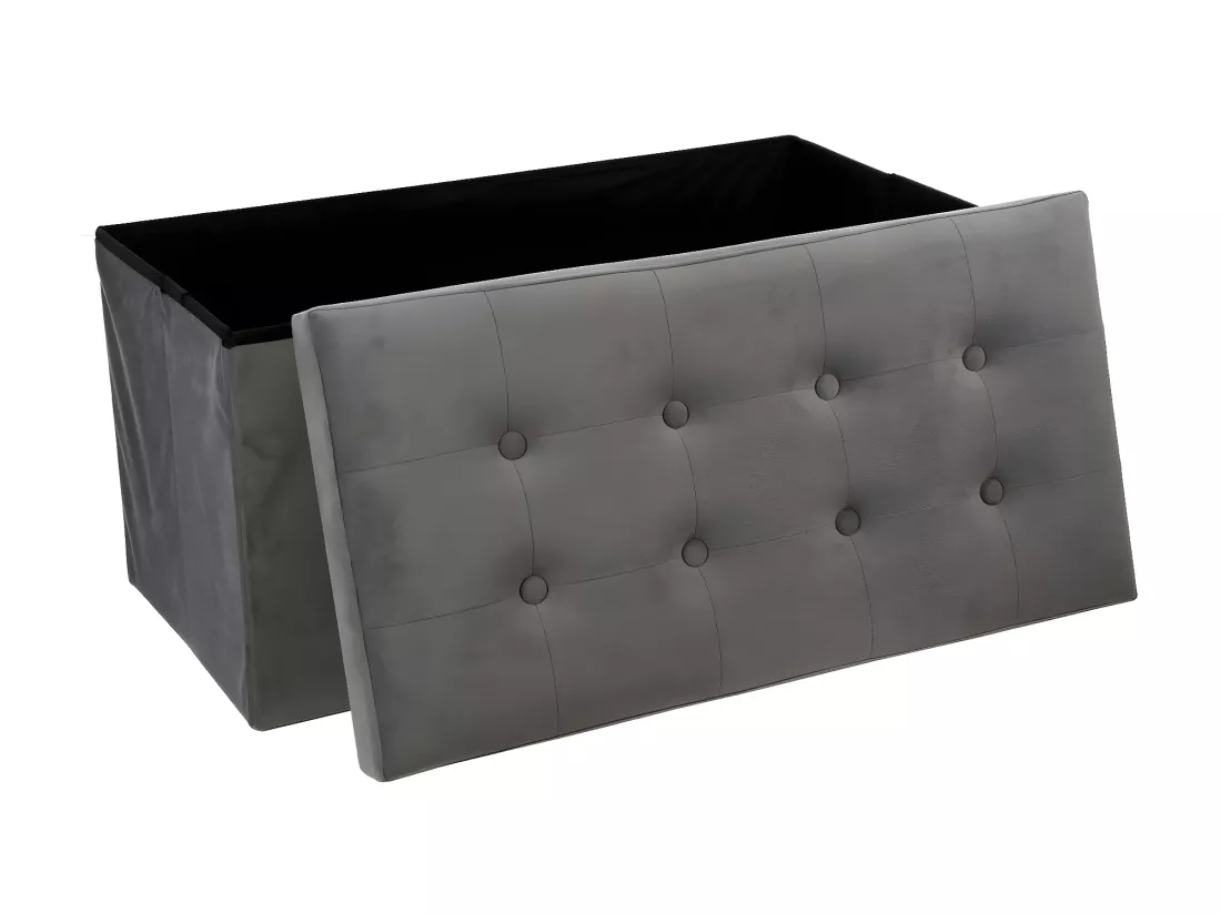 2 en 1 Pouf pliant double et coffre de rangement Velours Gris foncé 76 x H 38 cm