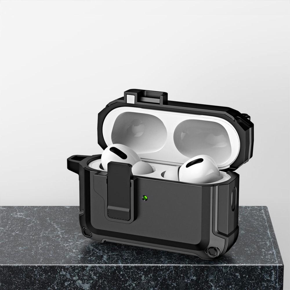AirPods Pro 2 / AirPods Pro Hybrid Hardcase Schutzhülle mit Verschluss   Karabinerhaken - Schwarz / Grau