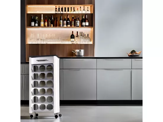 Étagère porte bouteilles à roulettes, 93*43*30 cm - Blanc, Inox, Ardoise, capacité 18 bouteilles, BACUS