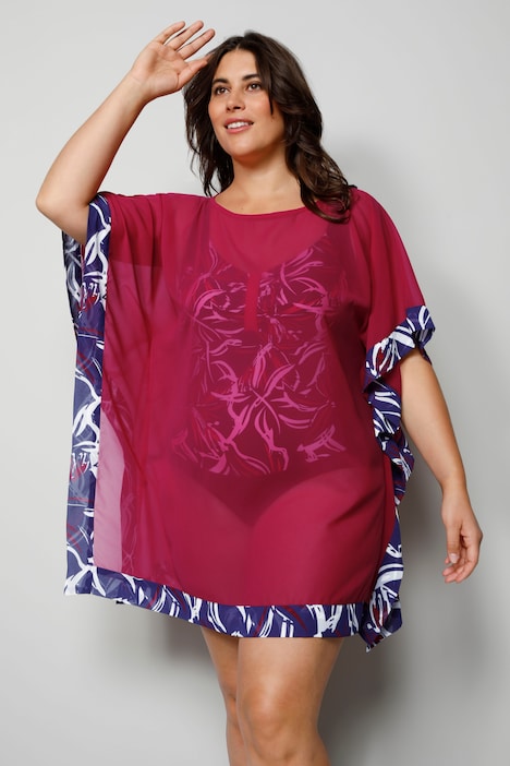 Tunika, oversized, Mesh, gemusterte Kanten