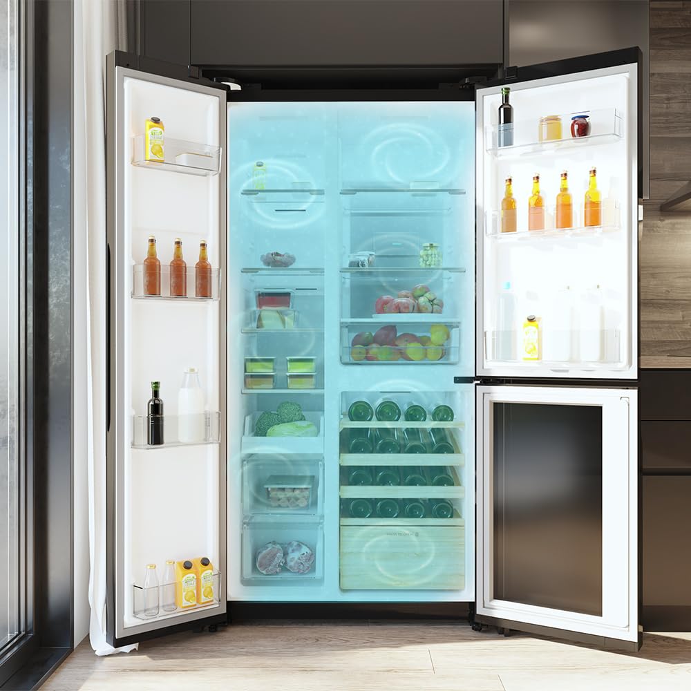 Cecotec Réfrigérateur 3 Portes Bolero CoolMarket TDW 548 Black Glass E, Classe E, 548L, Design T Door, Compresseur Inverter Plus, Total No Frost, Meta