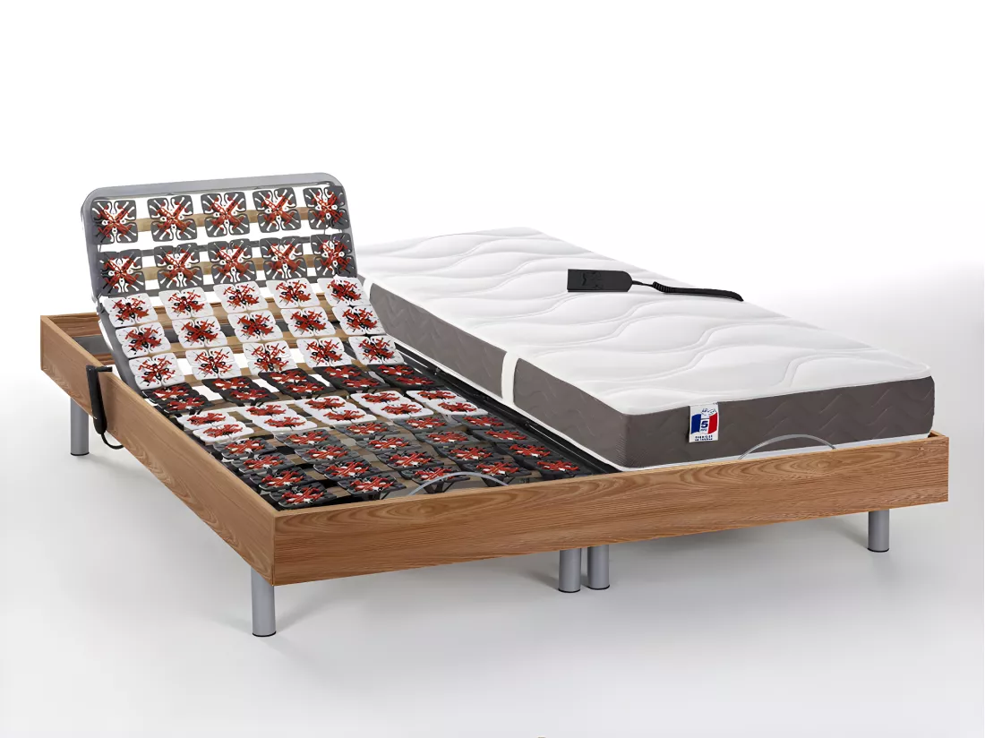 Lit électrique de relaxation tout plots + matelas 100% latex 3 zones - 2 x 70 x 190 cm - Naturel clair - JUPITER de YSMÉE