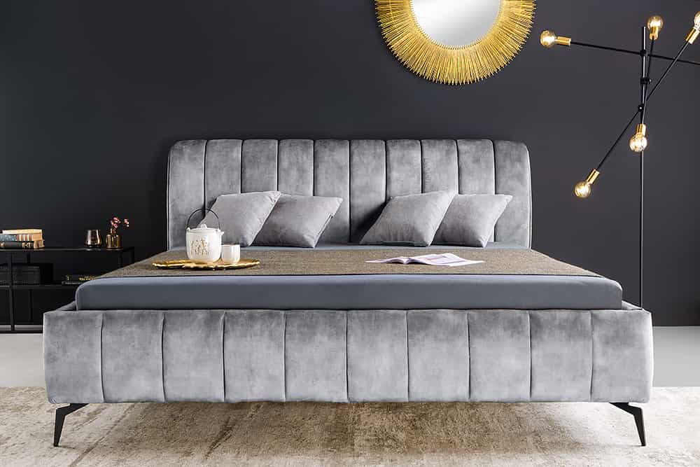 Retro Bett AMSTERDAM 180x200cm grau Samt schwarz Metall Polsterbett