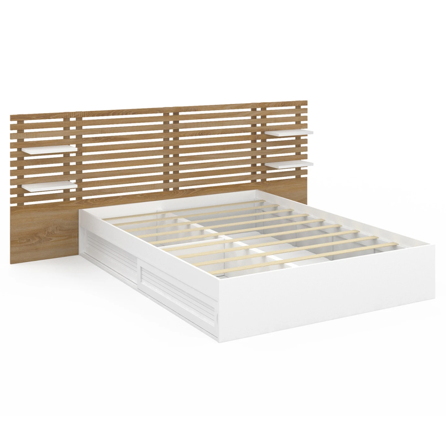 Lit double SAVANA avec tête de lit, chevets, rangements et sommier 140 x 190 cm blanc et façon hêtre