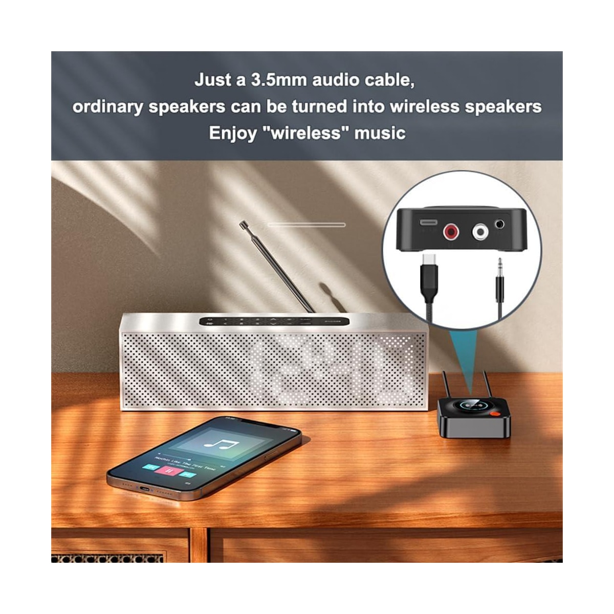 NÖRDIC Bluetooth 5.1-mottaker, med NFC, TF-kortspor, 3,5 mm AUX/RCA, trådløs adapter med lav ventetid for stereoanlegg for streaming av musikk hjemme
