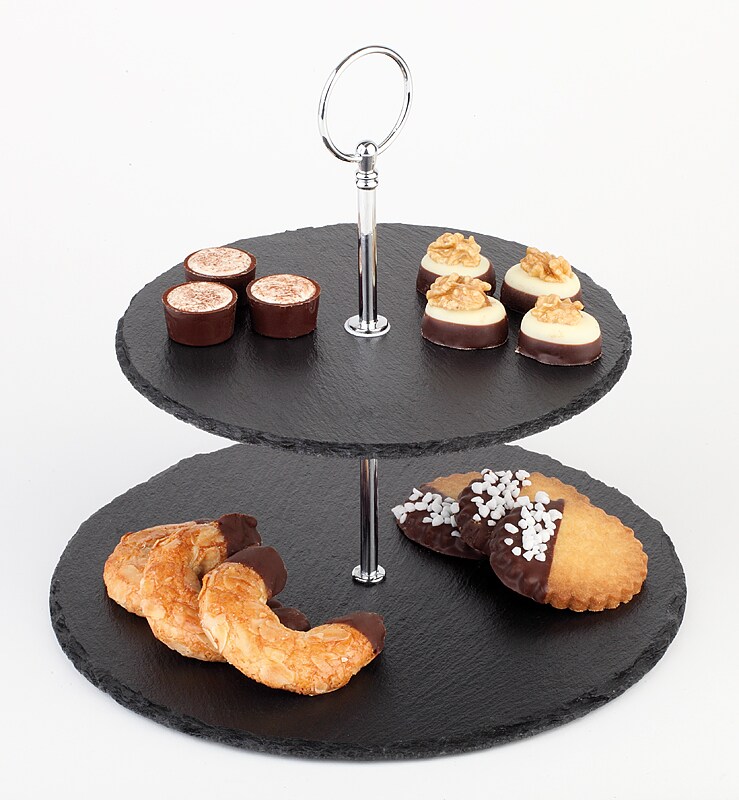 2-stufige Etagère aus Naturschiefer und verchromtem Metall, Ø 25 /20 cm, H: 24 cm