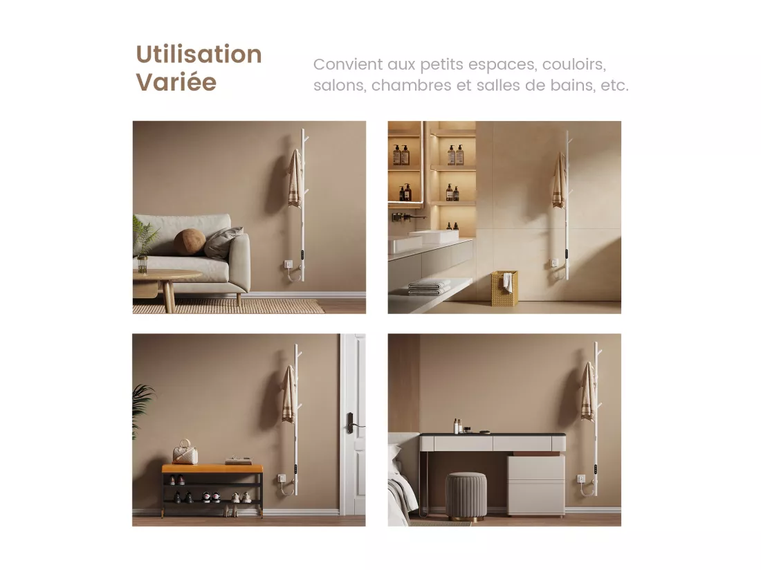 EMKE Chauffe-serviettes Électrique, thermostat intelligent WiFi, sèche-serviettes électrique, barre unique, 150 cm de hauteur, Blanc