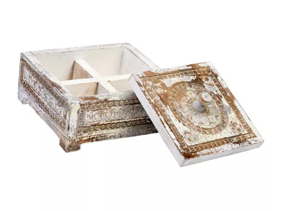 Coffret en bois sculpté avec finition artisanale bleu antique 19x19x10h cm