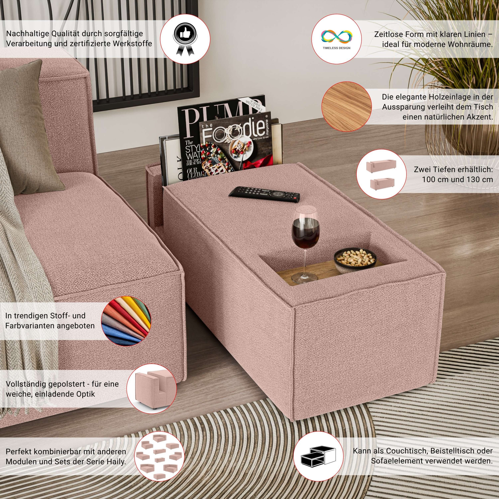 GOODproduct Sofaelement »HAILY Tisch XL für das Modulsofa, extra tief, Masse B/T/H: 45/130/37 cm« als Modul oder separat verwendbar, mit Steckfach und Ablagefläche