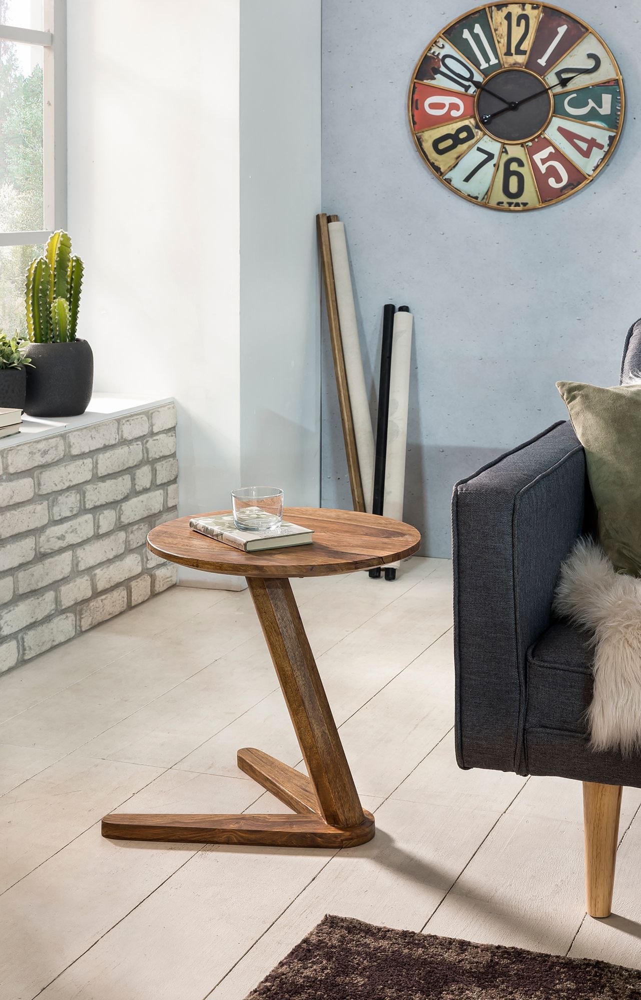 FineBuy Beistelltisch Massivholz Anstelltisch Rund Wohnzimmertisch Landhausstil