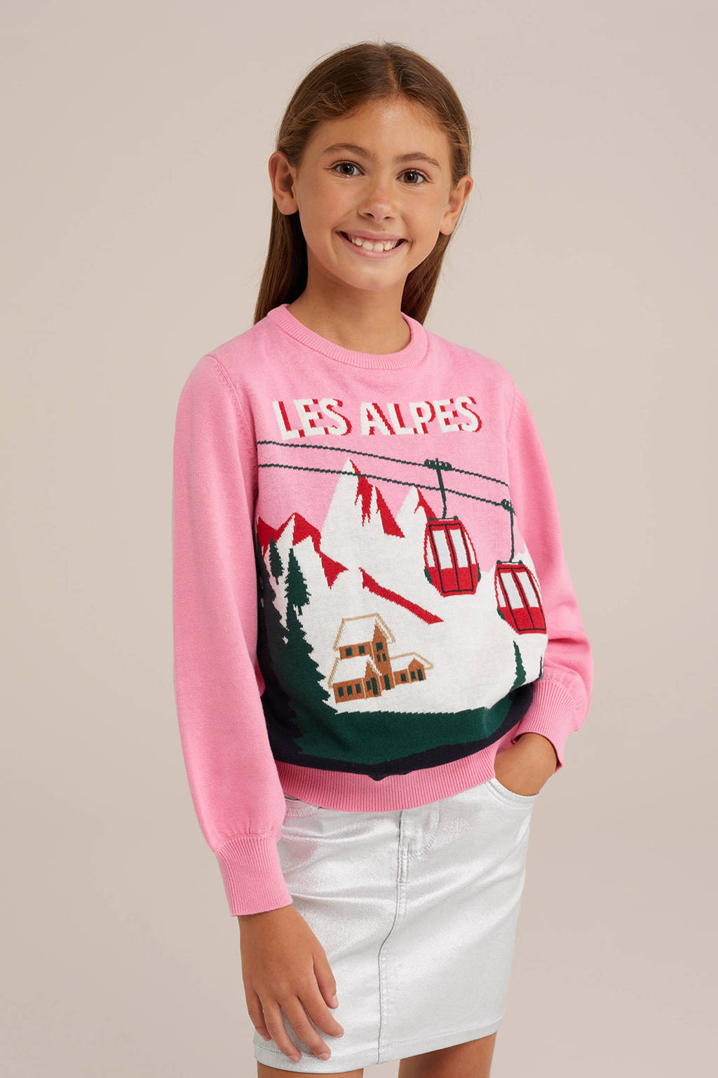WE Fashion kersttrui roze fijn gebreid