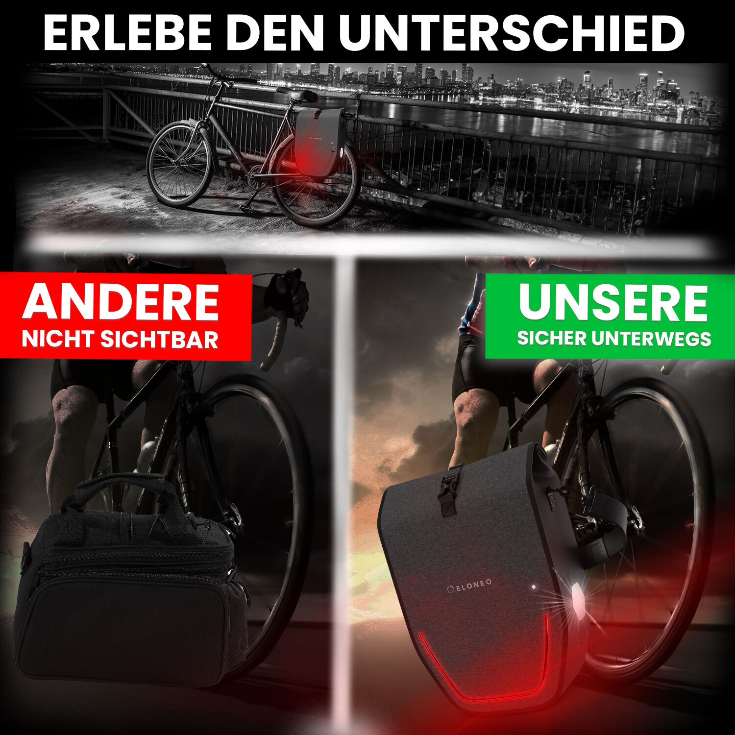 eloneo Fahrradtaschen wasserdicht mit LED 20L