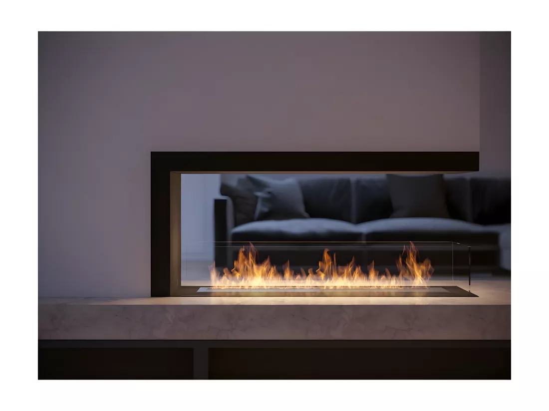Cheminée au bioéthanol encastrable design U1000.2 avec vitre ouverte sur 3 côtés brûleur 2 litres