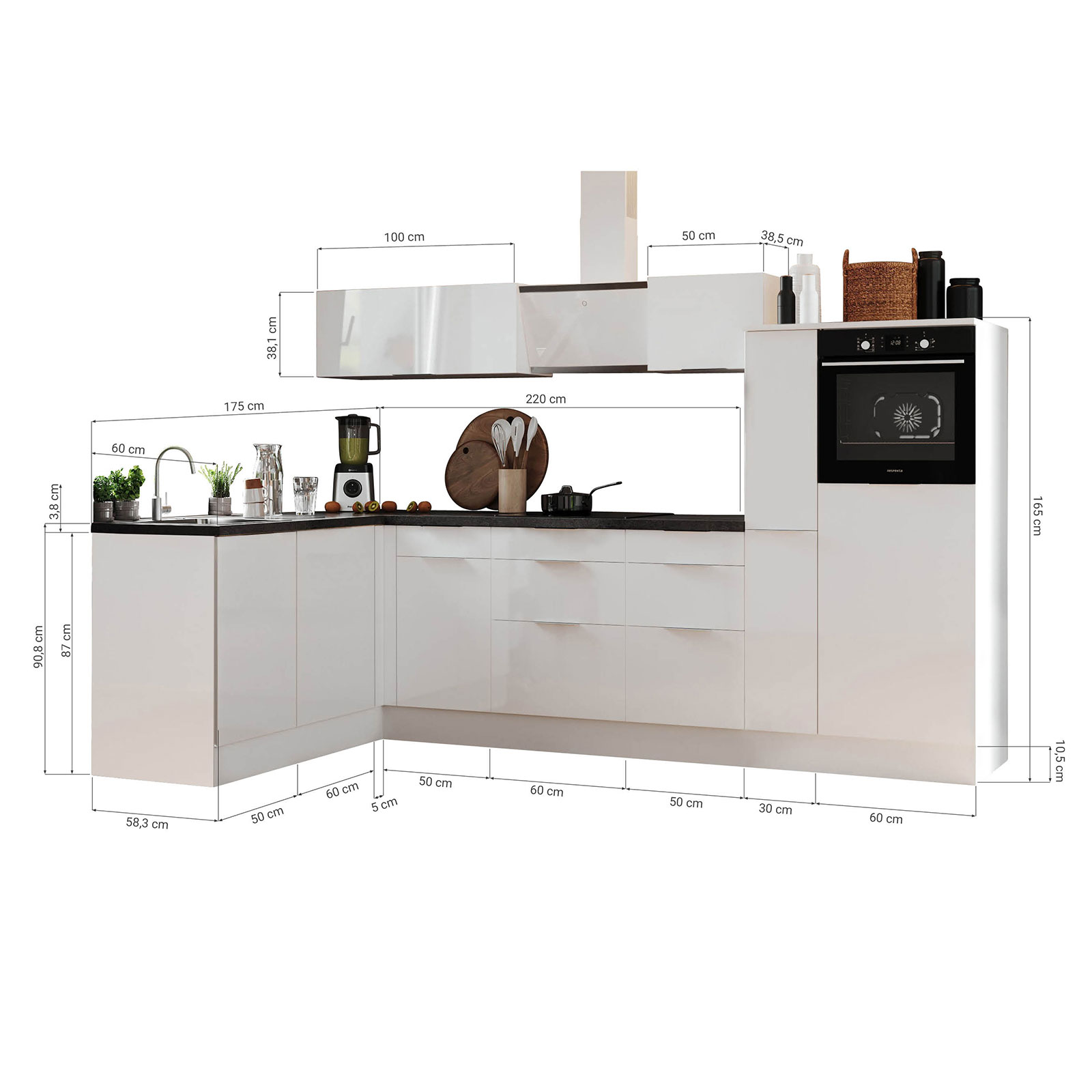 RESPEKTA Winkelküche - grau matt - weiß matt - mit E-Geräten - 310x175 cm
