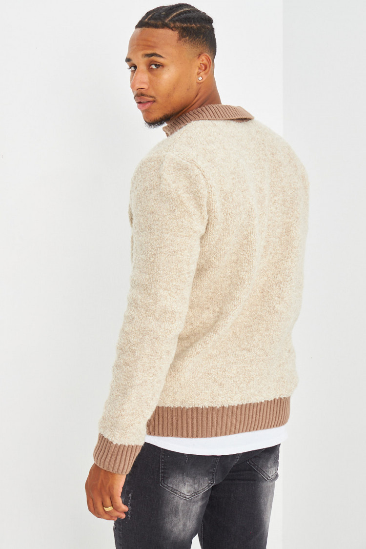 Pull beige bicolor à col à rabats