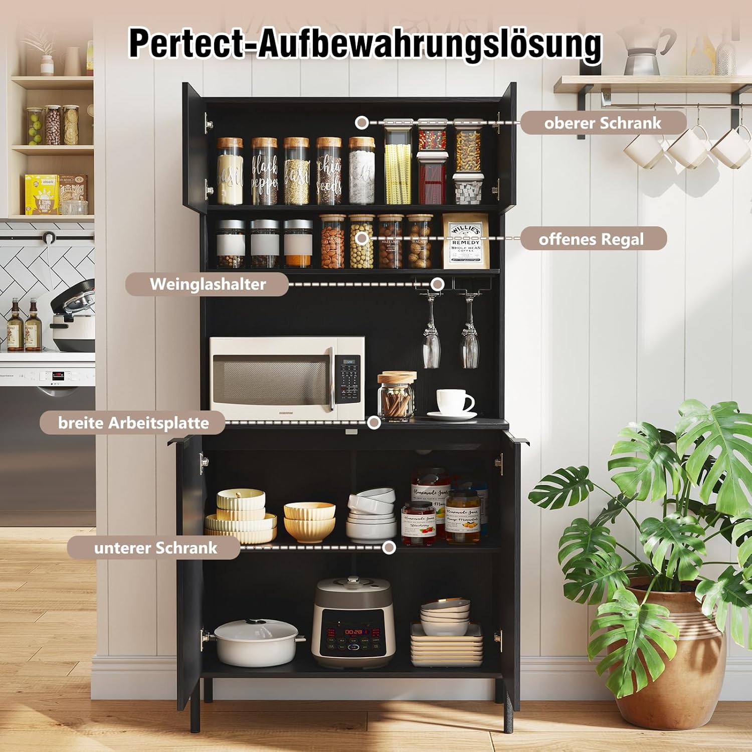 COSTWAY Küchenschrank Holz, Buffetschrank mit Ladestation, Hochschrank mit Türen, Weinglashalter & Arbeitsplatte, Vorratsschrank Aufbewahrungsschrank, für Küche Esszimmer, 80x40x164 cm, Schwarz