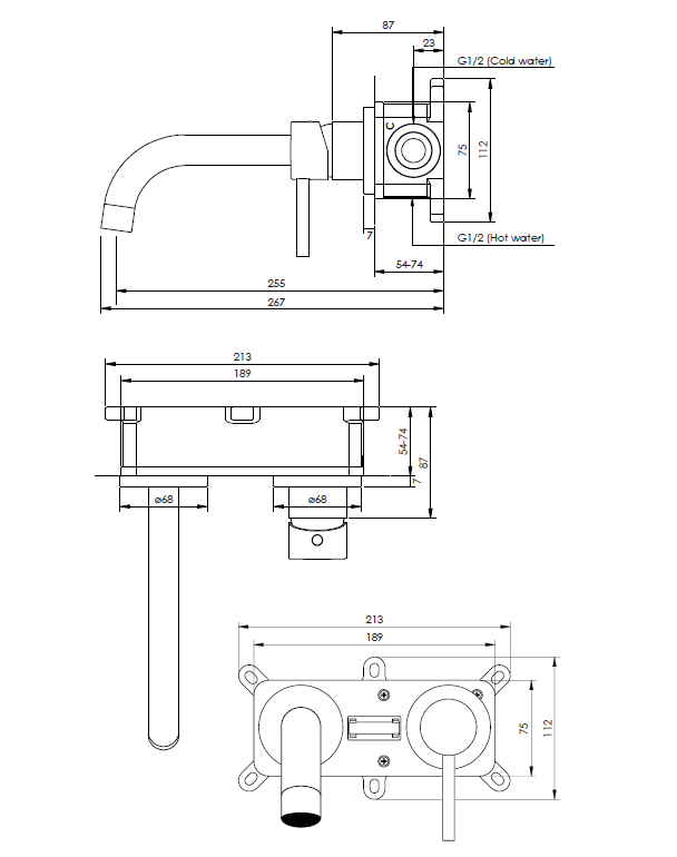 Brauer Gold Edition ColdStart wastafelkraan inbouw gebogen uitloop en rozetten model A1 geborsteld messing PVD