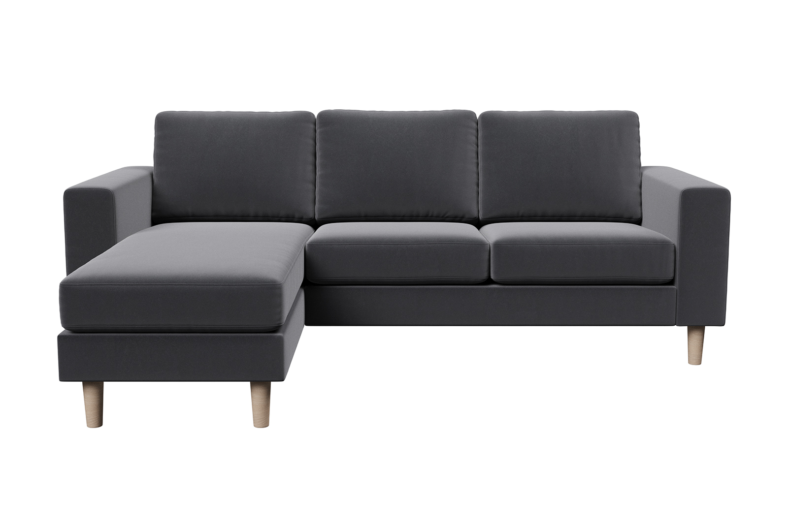 Hedda sjeselongsofa 3-seter med vendbar sjeselong i tekstil Matt Velvet Grey med arm F 18 cm og ben nr 1 i hvitoljet eik