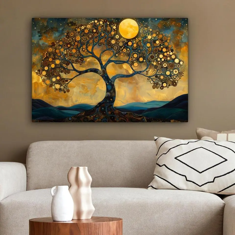 MuchoWow Canvas Schilderij 60x40cm Boom Maan Bloemen Goud
