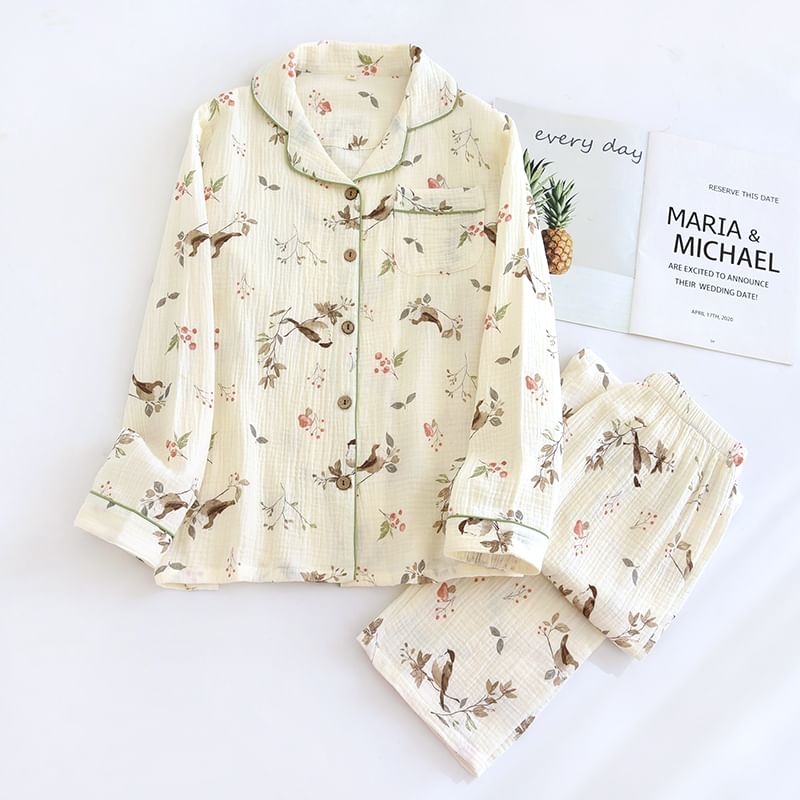 MelMount - Pyjamaset: overhemd met lange mouwen en bloemenprint + broek